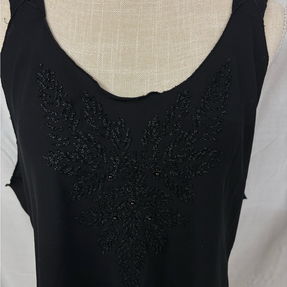 Black Beaded Tank Top with Leaf Motif Light Weight Flowy Evening Wear